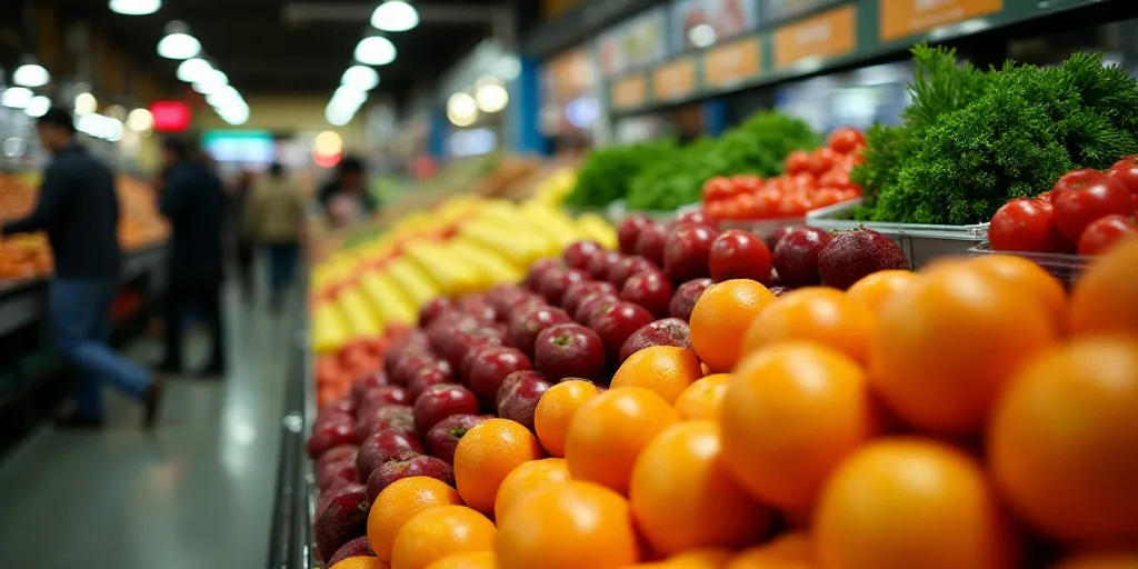 a grocery store filled with lots of fruits and vegetables on display in a row with people shopping i