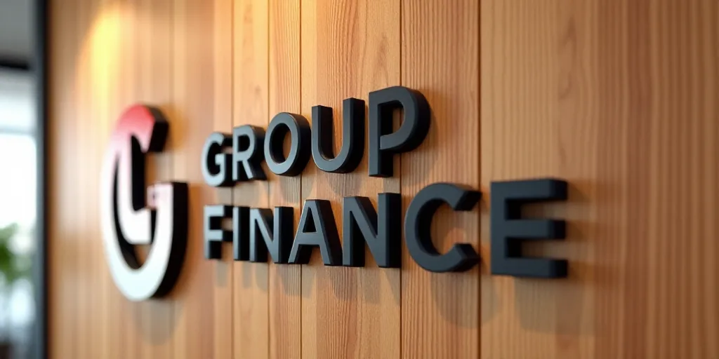 a group finance logo on a wooden wall with a black and white logo on it's side and a red and white l