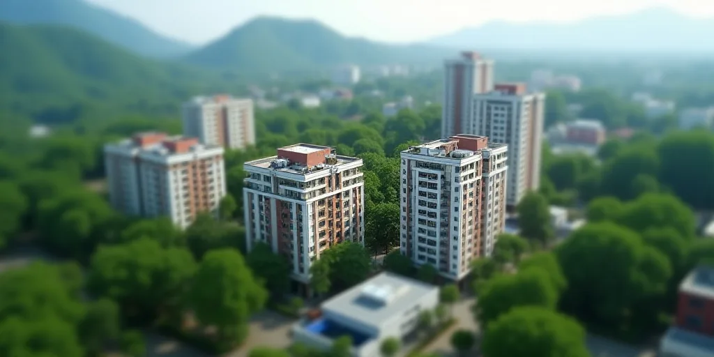 a group of buildings with a lot of windows on top of them and a lot of trees in the background, Cui