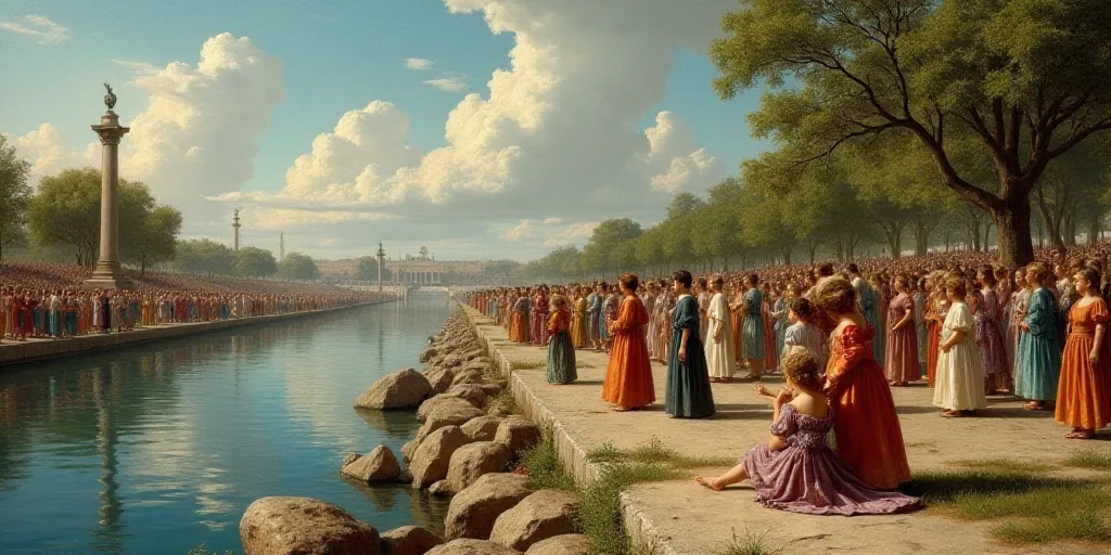 a group of children sitting on rocks in front of a crowd of people watching a parade go by on a sunn