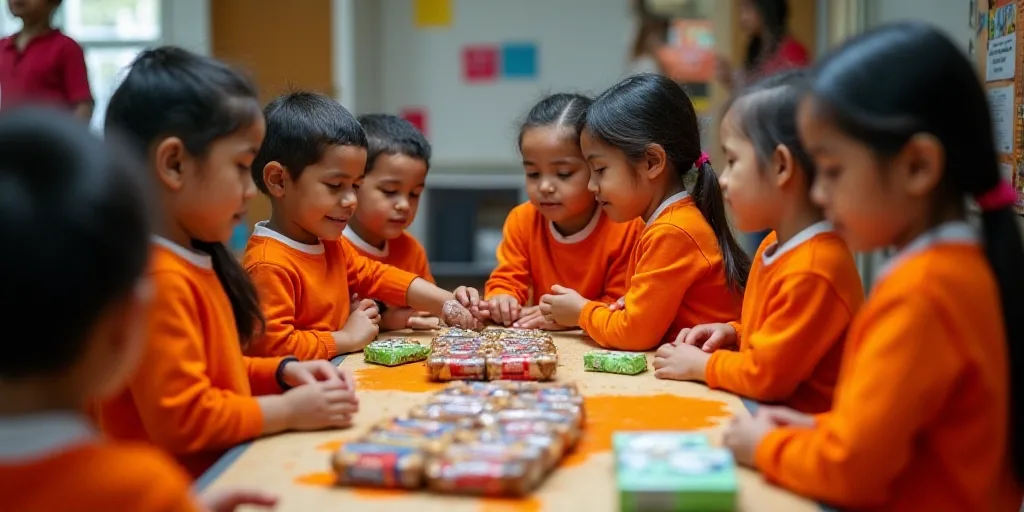 a group of children standing around a table filled with food items and candy bars on it's sides, Cef