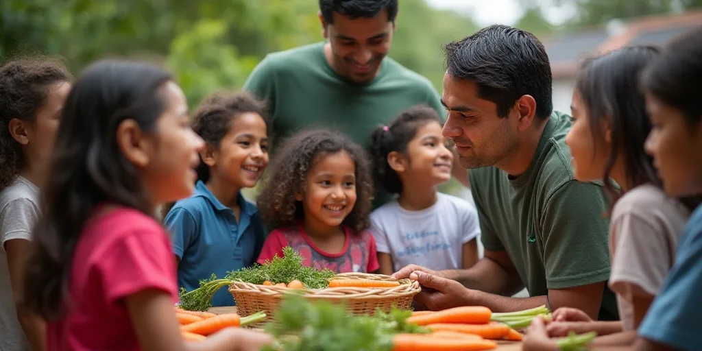 a group of children standing around a table with a basket of food in front of them and a man holding