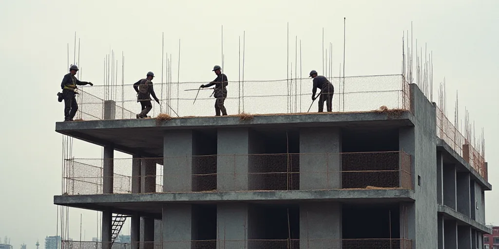 a group of construction workers working on a building site with a worker on the side of the building
