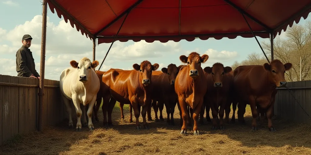 a group of cows standing under a tent in a pen with a man standing behind them and looking at the ca