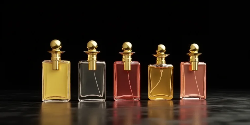 a group of different colored bottles of perfumes on display together in a row on a table top with a