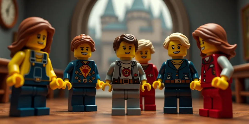 a group of legos are standing in a room with a castle in the background and a clock on the wall, Bel