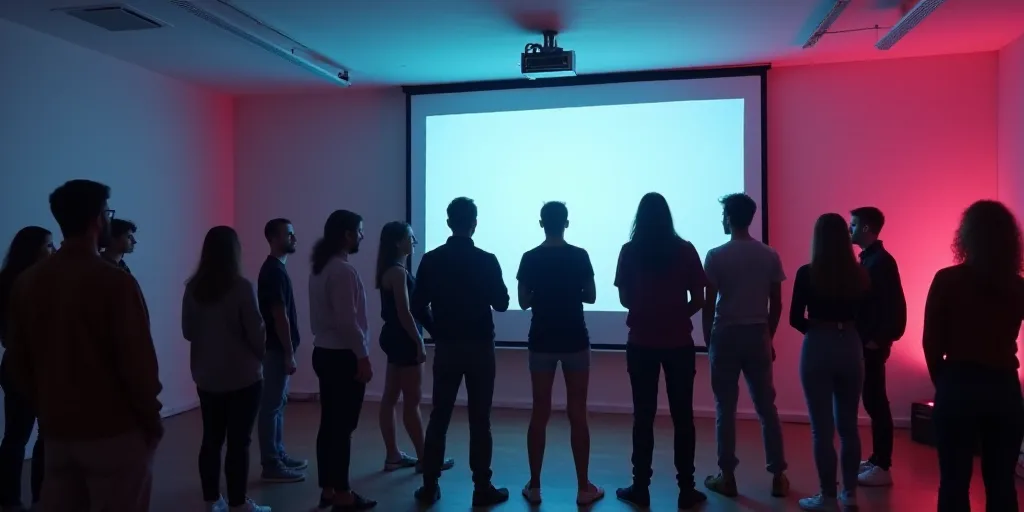a group of men and women standing next to each other in a room with a projector screen and a project