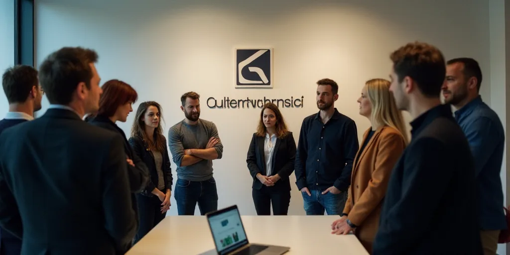 a group of men and women standing in front of a wall with a logo on it and a table with a laptop, E.