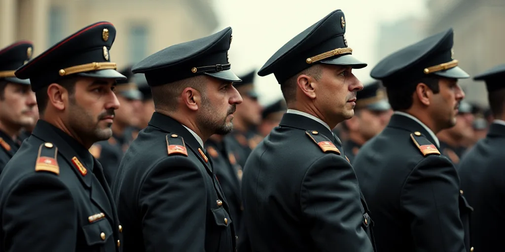 a group of men in military uniforms standing next to each other in front of a crowd of people wearin