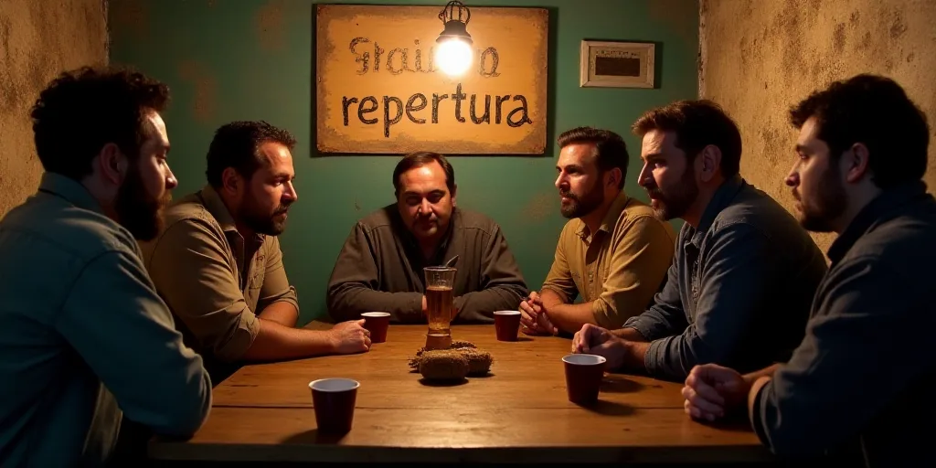 a group of men standing around a table with cups on it and a sign behind them that says repertura, C