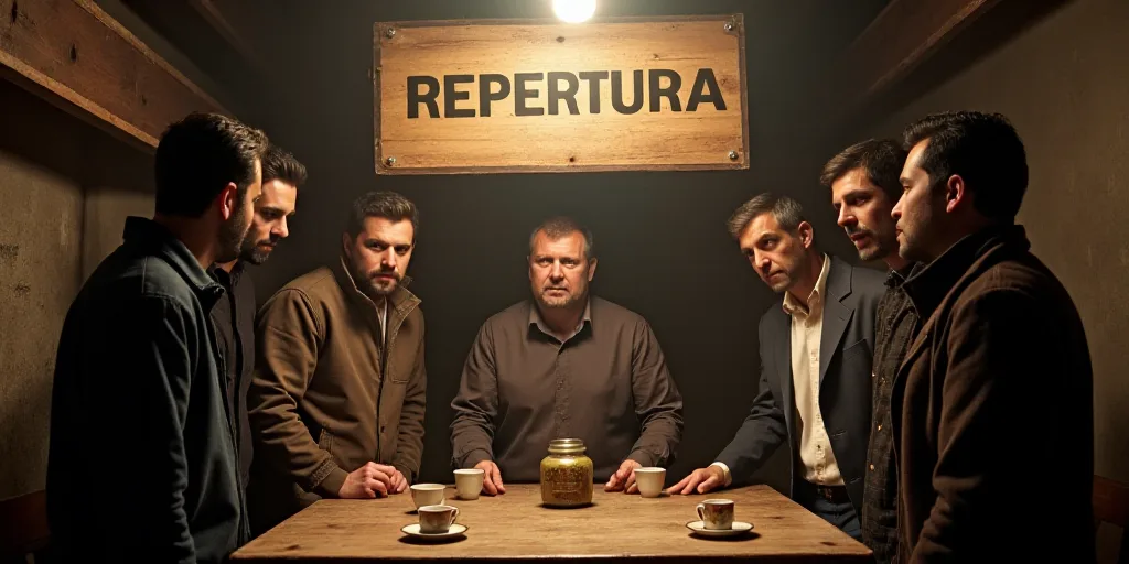 a group of men standing around a table with cups on it and a sign behind them that says repertura, C