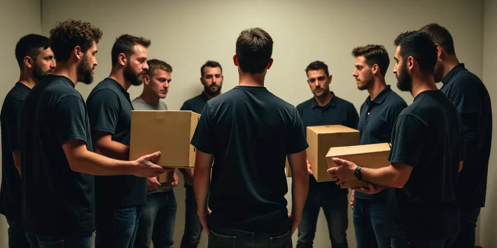 a group of men standing around each other with boxes in their hands and a man in a black shirt, Cefe