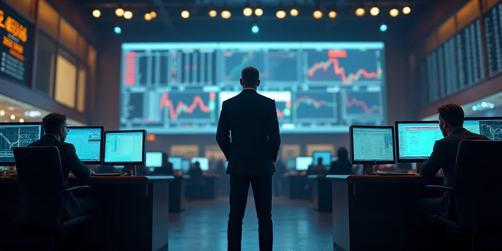 a group of men standing in front of a stock market floor with monitors on each side of them and a ma