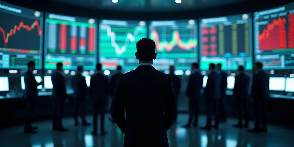 a group of men standing in front of a stock market floor with monitors on each side of them and a ma