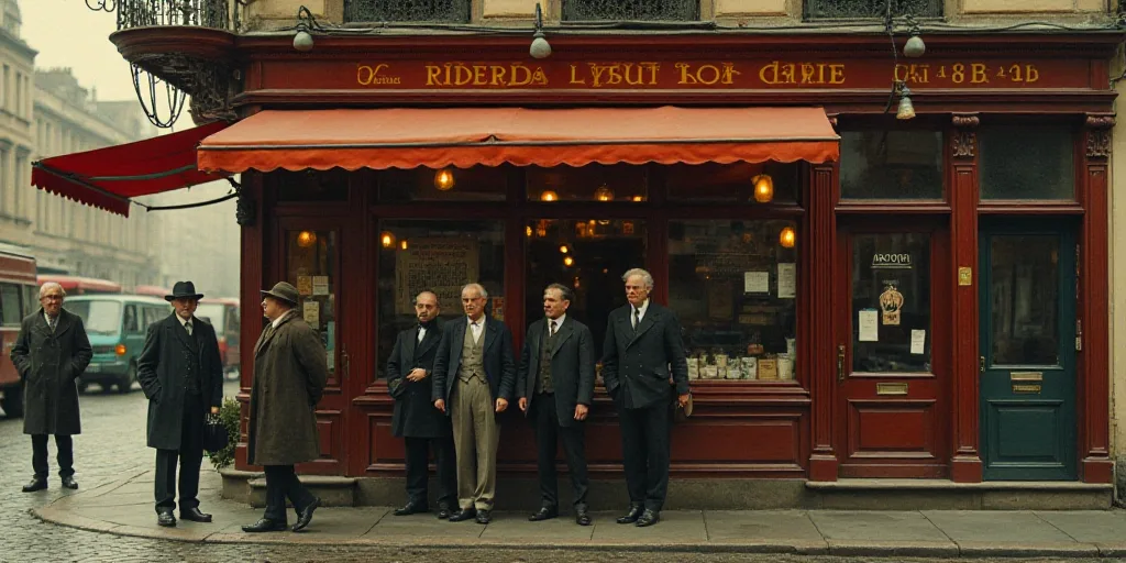 a group of men standing in front of a coffee shop in the early 20th century of the 20th century, Bra