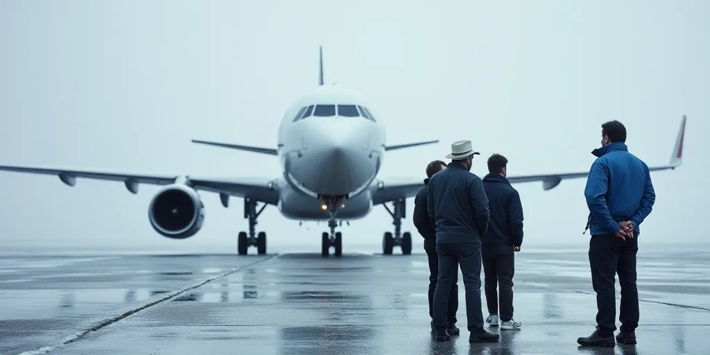 a group of men standing next to an airplane on a runway with a person in a white hat and a man in a