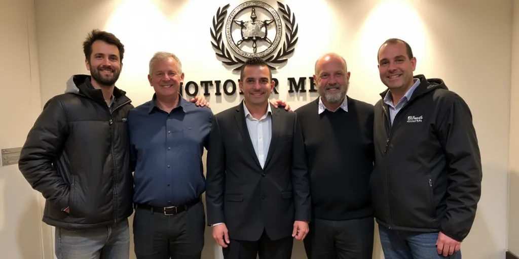 a group of men standing next to each other in front of a wall with a logo on it and a large sign beh