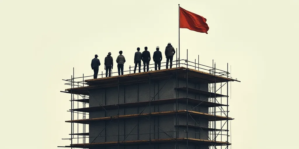 a group of men standing on top of a tall building under construction with scaffolding around them an