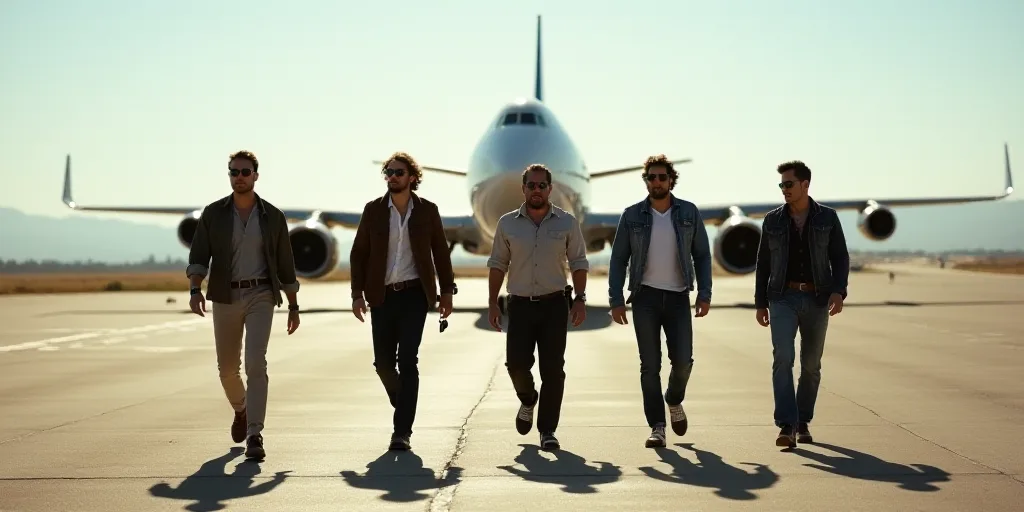 a group of men walking across a tarmac next to each other on a sunny day with a plane in the backgro