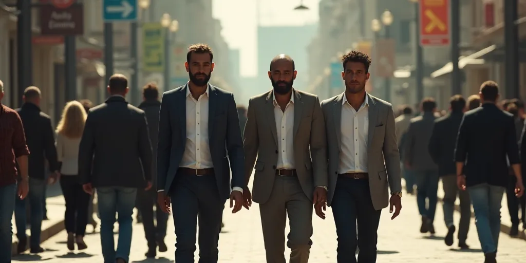 a group of men walking down a street next to each other on a sidewalk with a crowd of people, Carlos