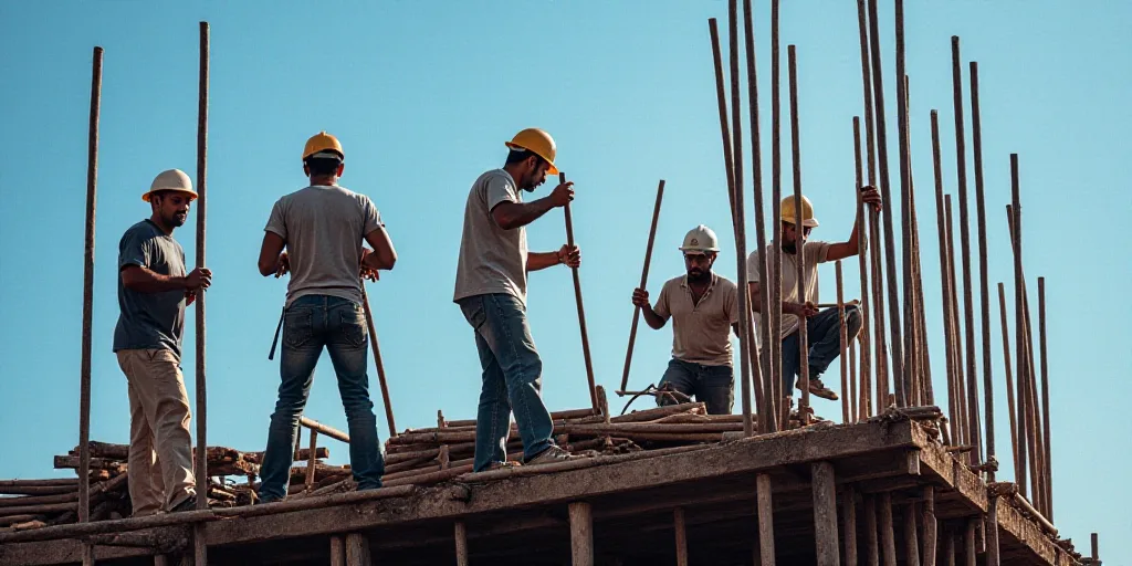 a group of men working on a building under construction with lots of steel rods in the foreground an