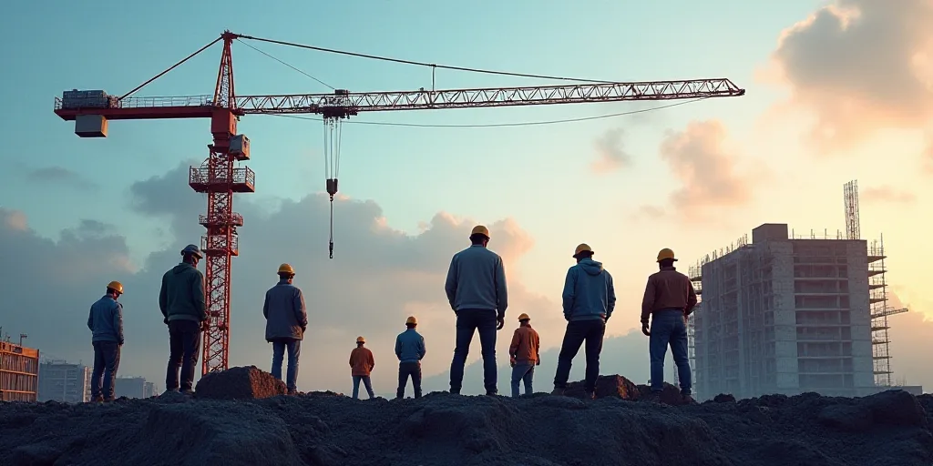 a group of men working on a construction site with a crane in the background and a building under co