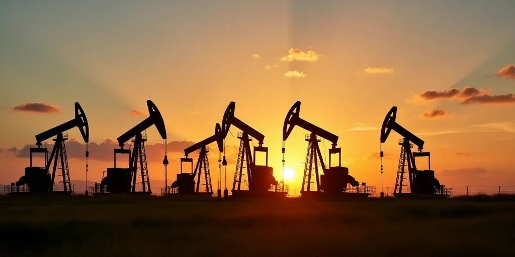 a group of oil pumps sitting next to each other on a field at sunset with a sky background and a few