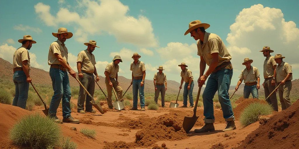 a group of people are digging in the dirt with shovels and hats on and a group of people standing ar