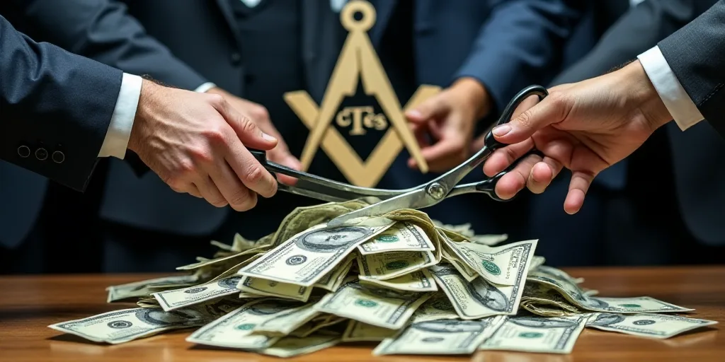 a group of people cutting into a pile of money with scissors and a cetes logo in the background, Ced