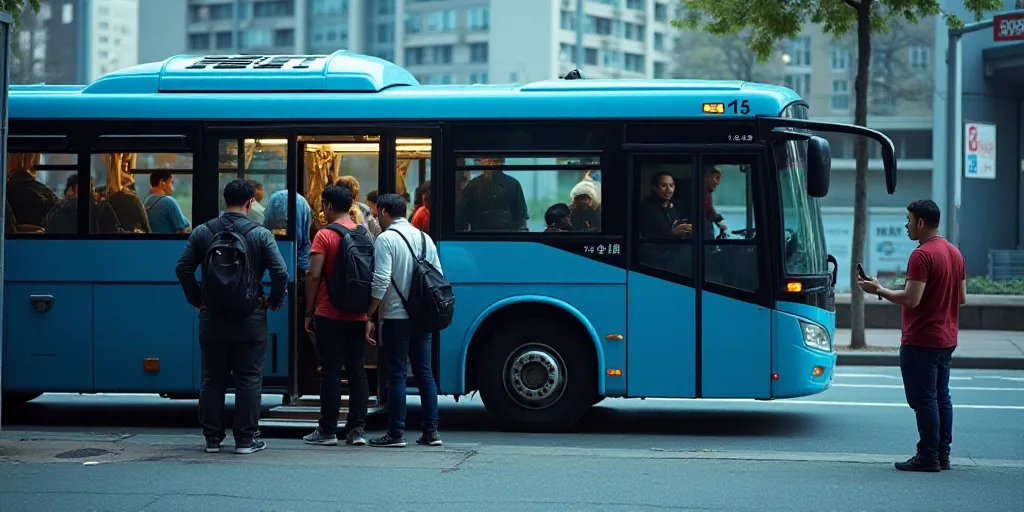 a group of people getting on a bus at a bus stop in china, with a man standing on the side of the bu