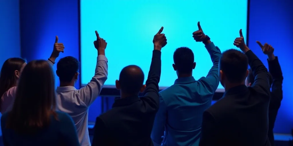 a group of people giving thumbs up in front of a screen with a blue background and a blue backdrop,