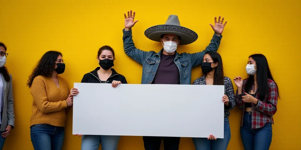a group of people holding a sign in front of a yellow wall with a mexican theme on it and a man in a