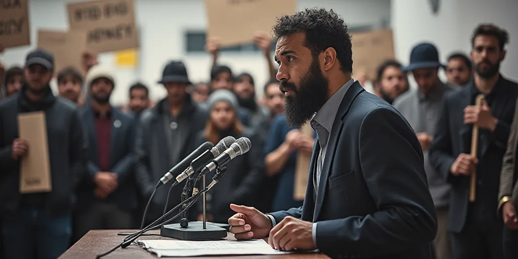 a group of people holding signs in front of microphones and microphones with a man speaking to them,