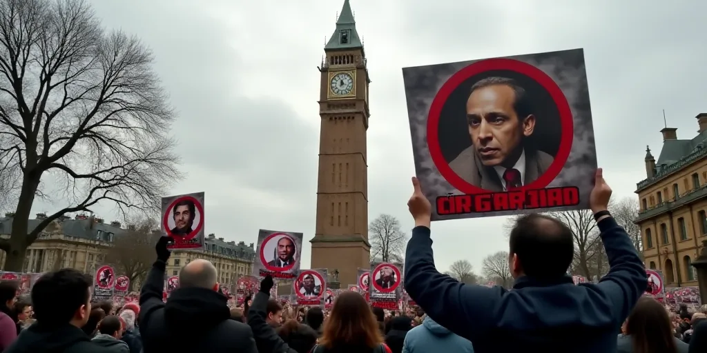 a group of people holding signs in a protest in front of a monument with a clock tower in the backgr