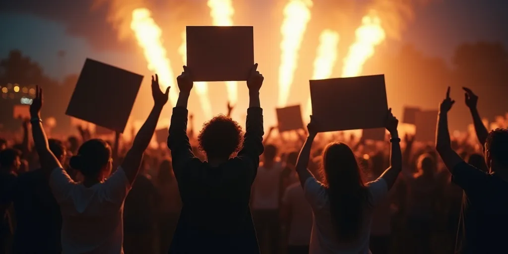a group of people holding signs and standing in a crowd of people with their hands up in the air, Es