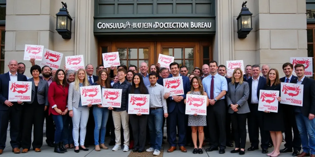 a group of people holding signs in front of a building with a sign that says consumer financial prot