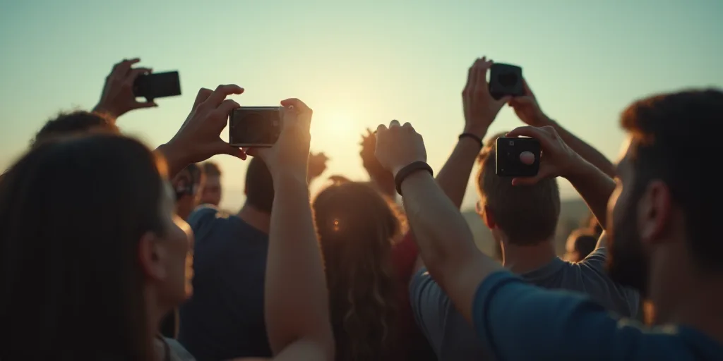 a group of people holding up cameras to take pictures of something in the distance with their hands