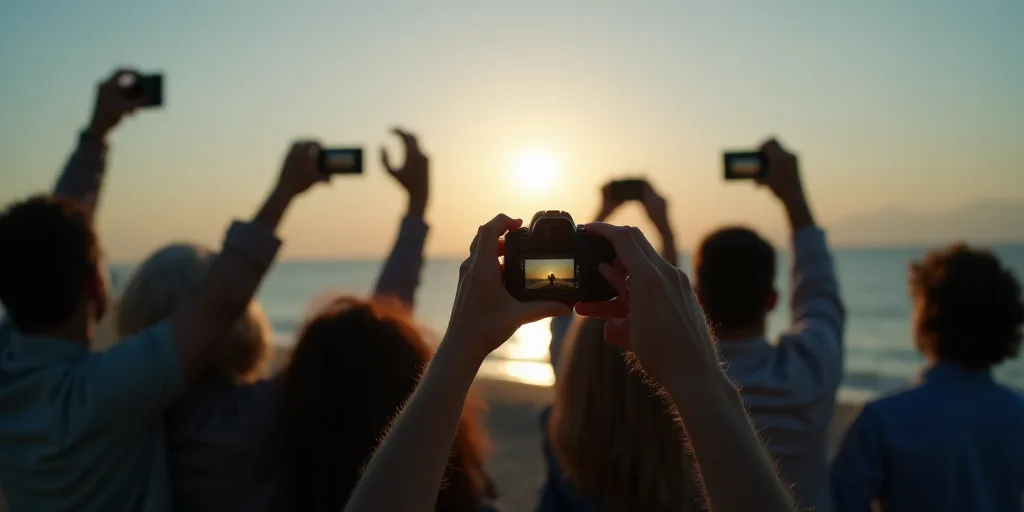 a group of people holding up cameras to take pictures of something in the distance with their hands
