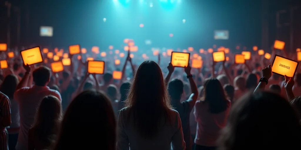 a group of people holding up plaques in front of a crowd of people holding up signs with words on th