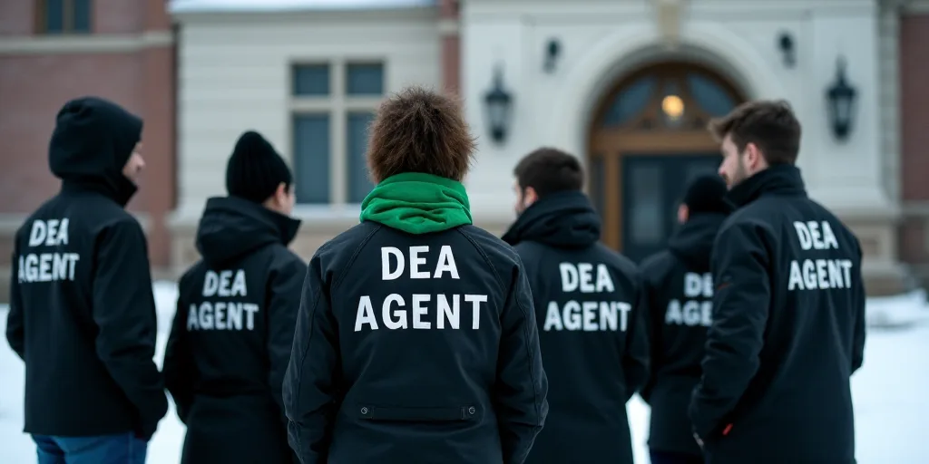 a group of people in black jackets standing together outside a building with the words dea agent on