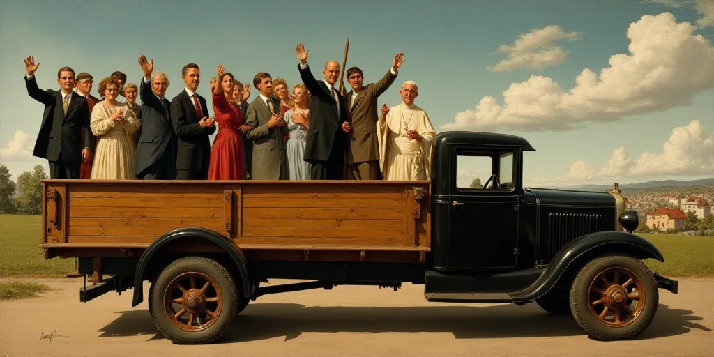 a group of people in suits and ties waving from a truck with a pope in the back of it, Fra Angelico,