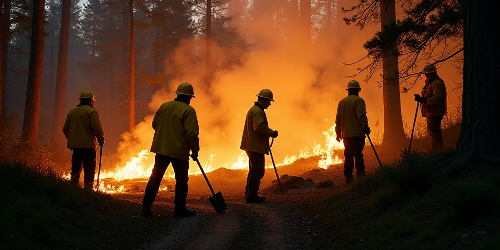 a group of people in yellow jackets are working on a fire in the woods with a shovel and a fire hose