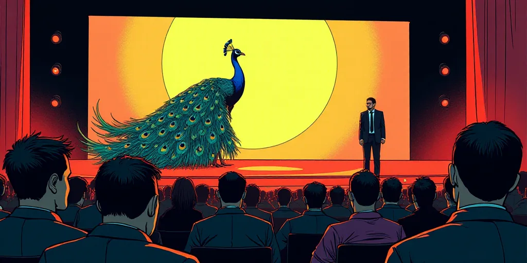 a group of people on stage with a speaker and a screen behind them with a peacock on it and a man st