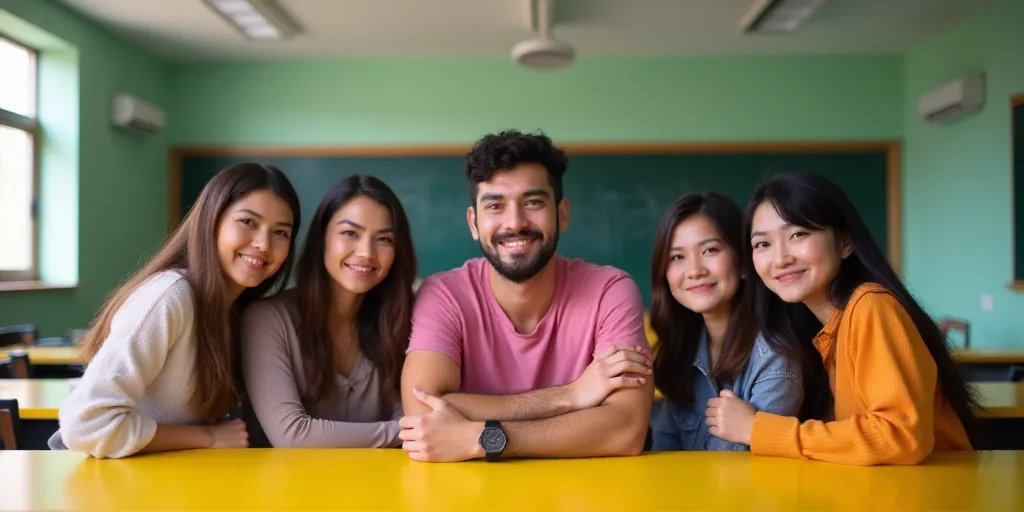 a group of people posing for a picture in a classroom with a yellow table and chairs and a man in a