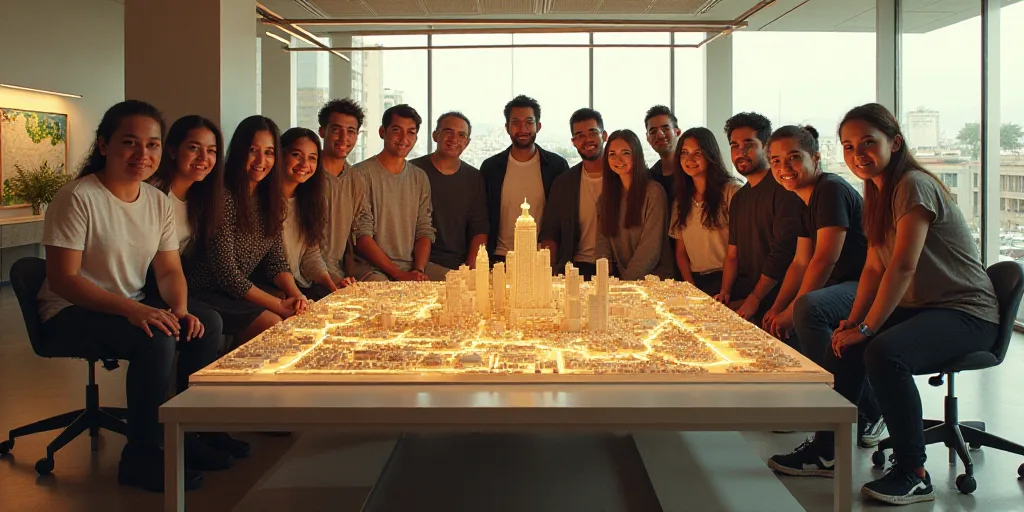 a group of people posing for a picture in front of a table with a model of a city on it, Aquirax Uno