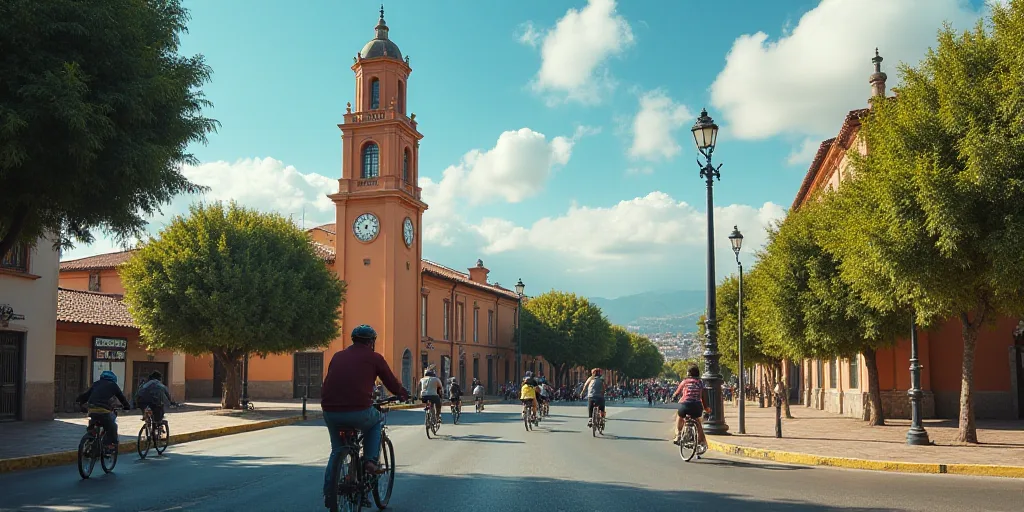 a group of people riding bikes down a street next to a tall building with a clock tower on top, Eddi