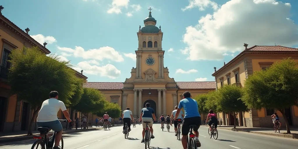 a group of people riding bikes down a street next to a tall building with a clock tower on top, Eddi
