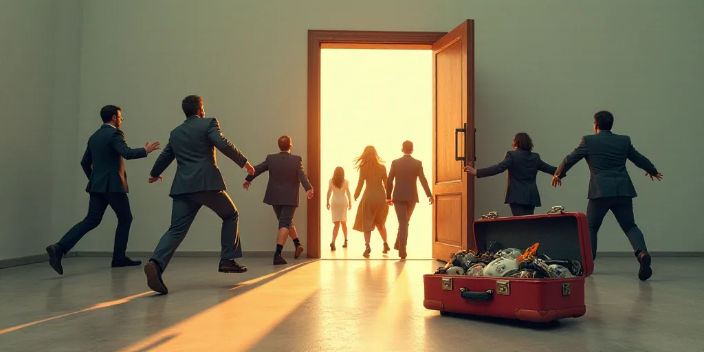 a group of people running out of an open door to reach a briefcase with a lot of stuff on it, Avgust