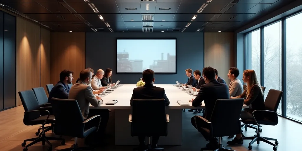 a group of people sitting around a large table with chairs around it and a screen showing a conferen