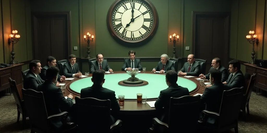 a group of people sitting around a table in a room with a large glass table top and a large clock, E